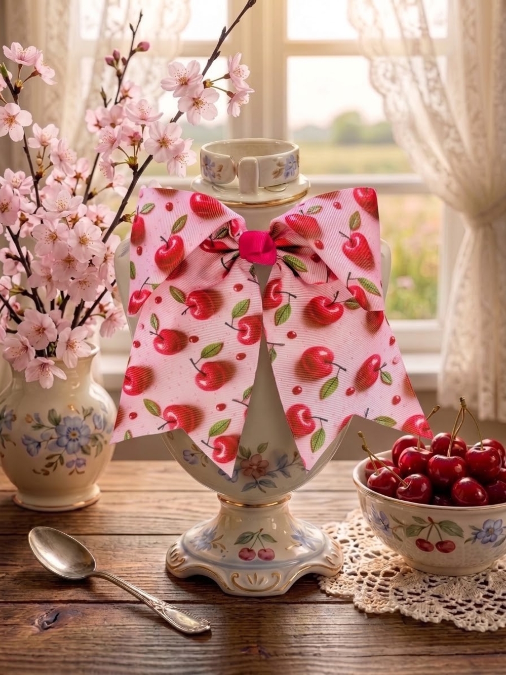 Large Pink Cherry Themed Hairbow
